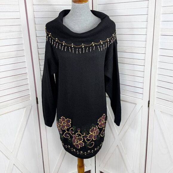 Victoria Jones Sweaters - Vintage Victoria Jones 90s Floral Beaded Cowl Neck Tunic Sweater Black Medium